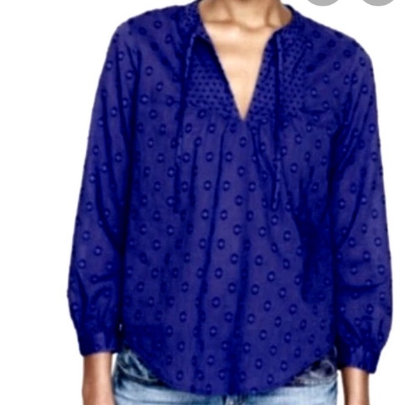 J. Crew Swiss Dot Long Sleeve Tie Front Cotton Blouse Button Cuff S-A5545 Navy - Picture 2 of 12